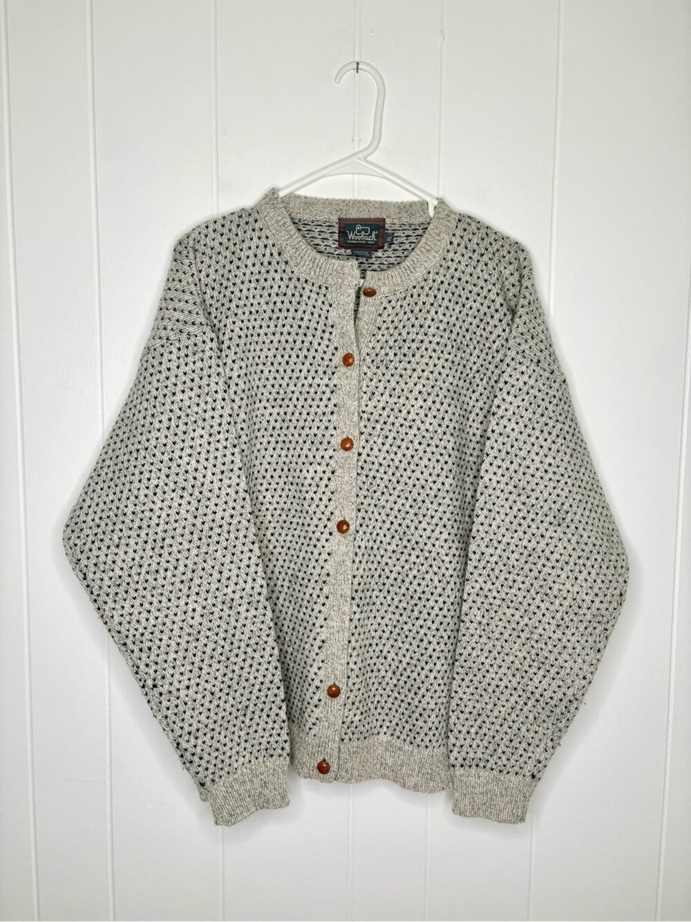 VINTAGE Woolrich Wool Knit Cardigan Sweater Birdseye Gray Blue Hong Kong Size XL